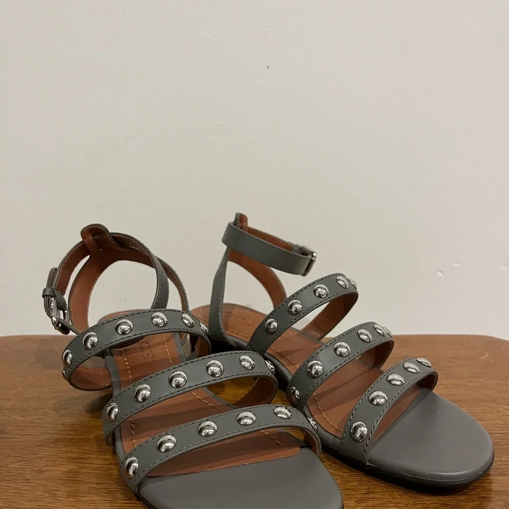 Coach Never Worn grey studded ankle strap sandal. Low wedge 1 inch heel - Picture 4 of 5